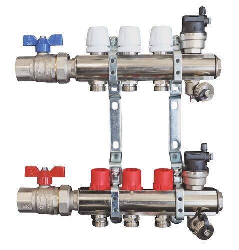 Kit complet de 2 collecteurs plancher chauffant laiton - 3 circuits et vannes intégrées
